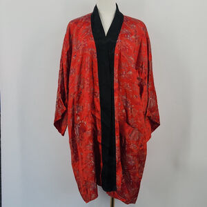 Vintage Oriental Kimono Robe L Red Black Satin Asian Print Lounge Duster Boho
